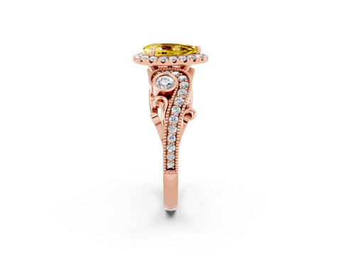 Rose gold Pear Cut Yellow Sapphire Halo Ring with Milgrain Pavé Band and Four-Prong Setting_14