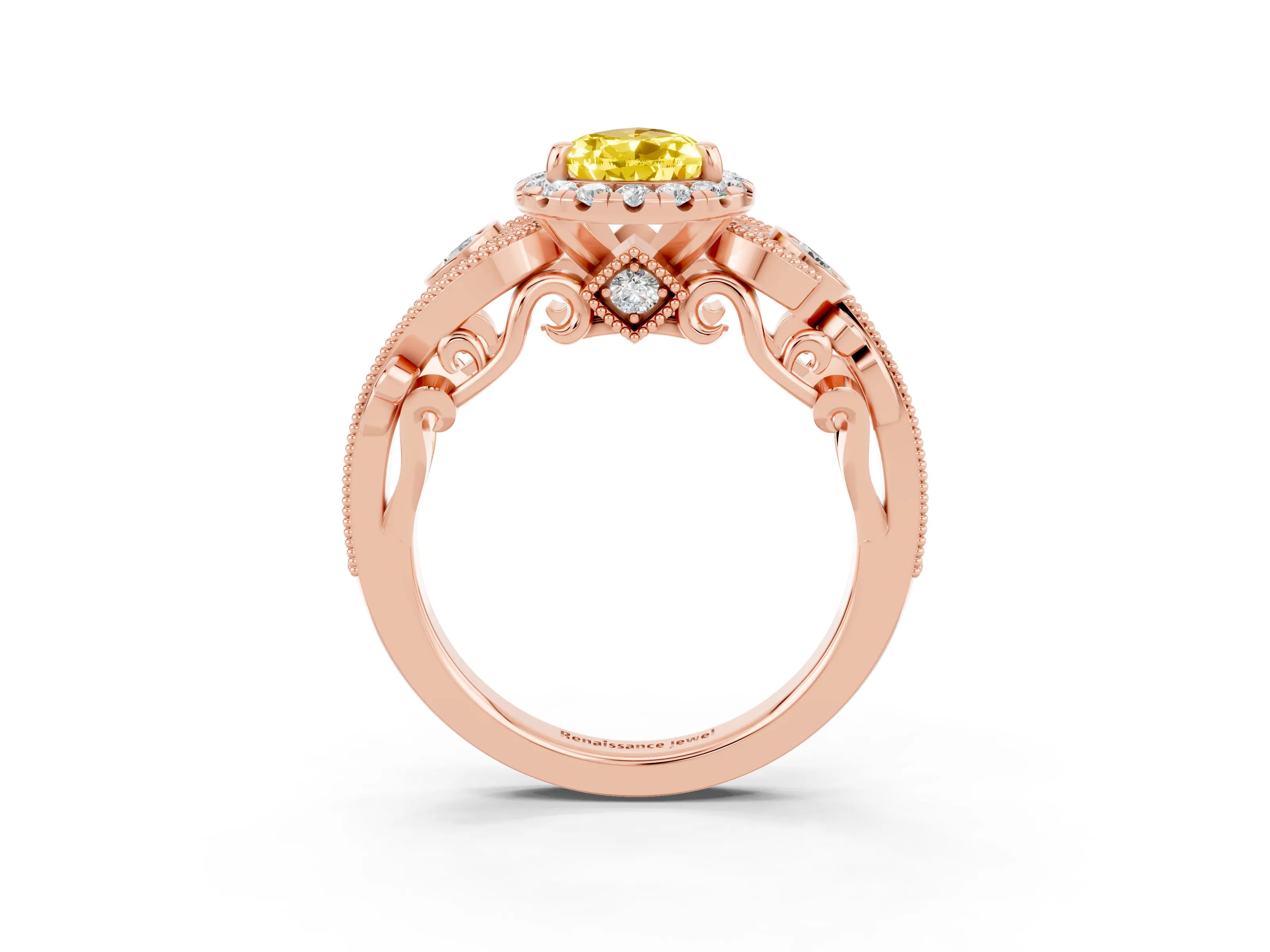 Rose gold Pear Cut Yellow Sapphire Halo Ring with Milgrain Pavé Band and Four-Prong Setting_15