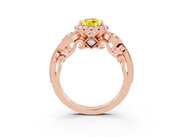 Rose gold Pear Cut Yellow Sapphire Halo Ring with Milgrain Pavé Band and Four-Prong Setting