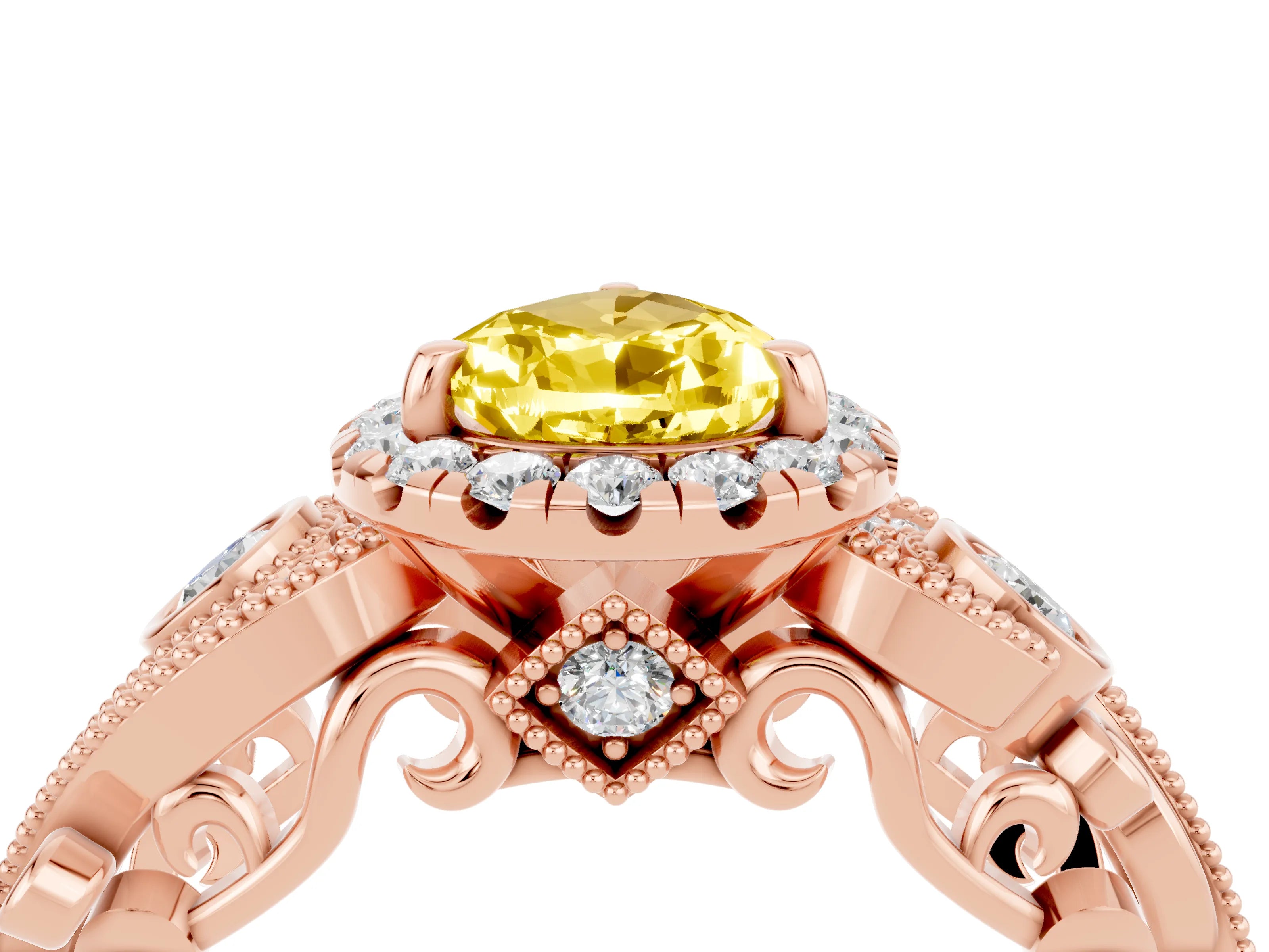 Rose gold Pear Cut Yellow Sapphire Halo Ring with Milgrain Pavé Band and Four-Prong Setting_16