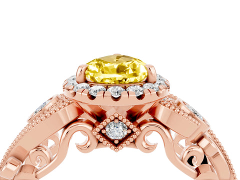 Rose gold Pear Cut Yellow Sapphire Halo Ring with Milgrain Pavé Band and Four-Prong Setting_16