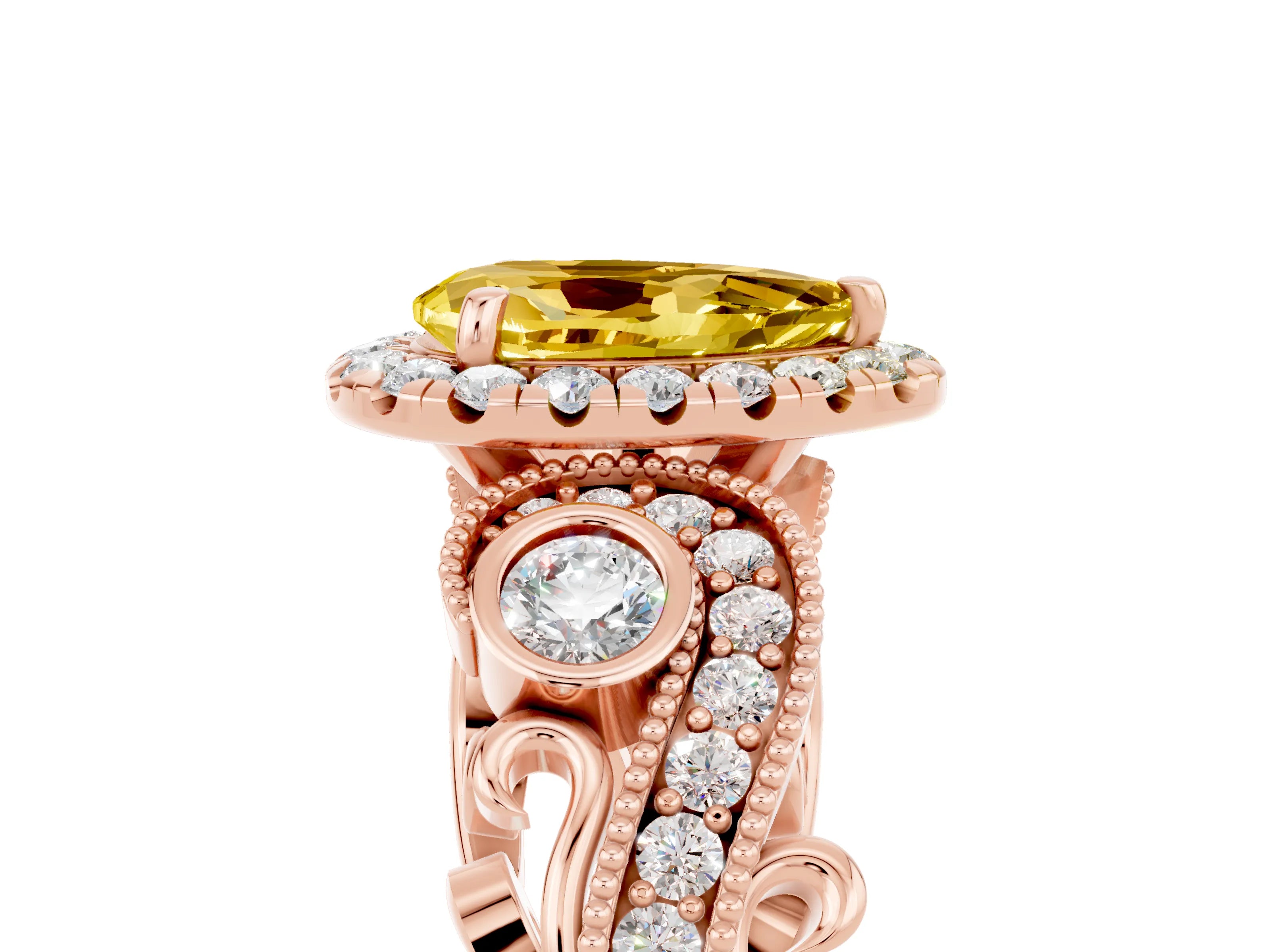 Rose gold Pear Cut Yellow Sapphire Halo Ring with Milgrain Pavé Band and Four-Prong Setting_17