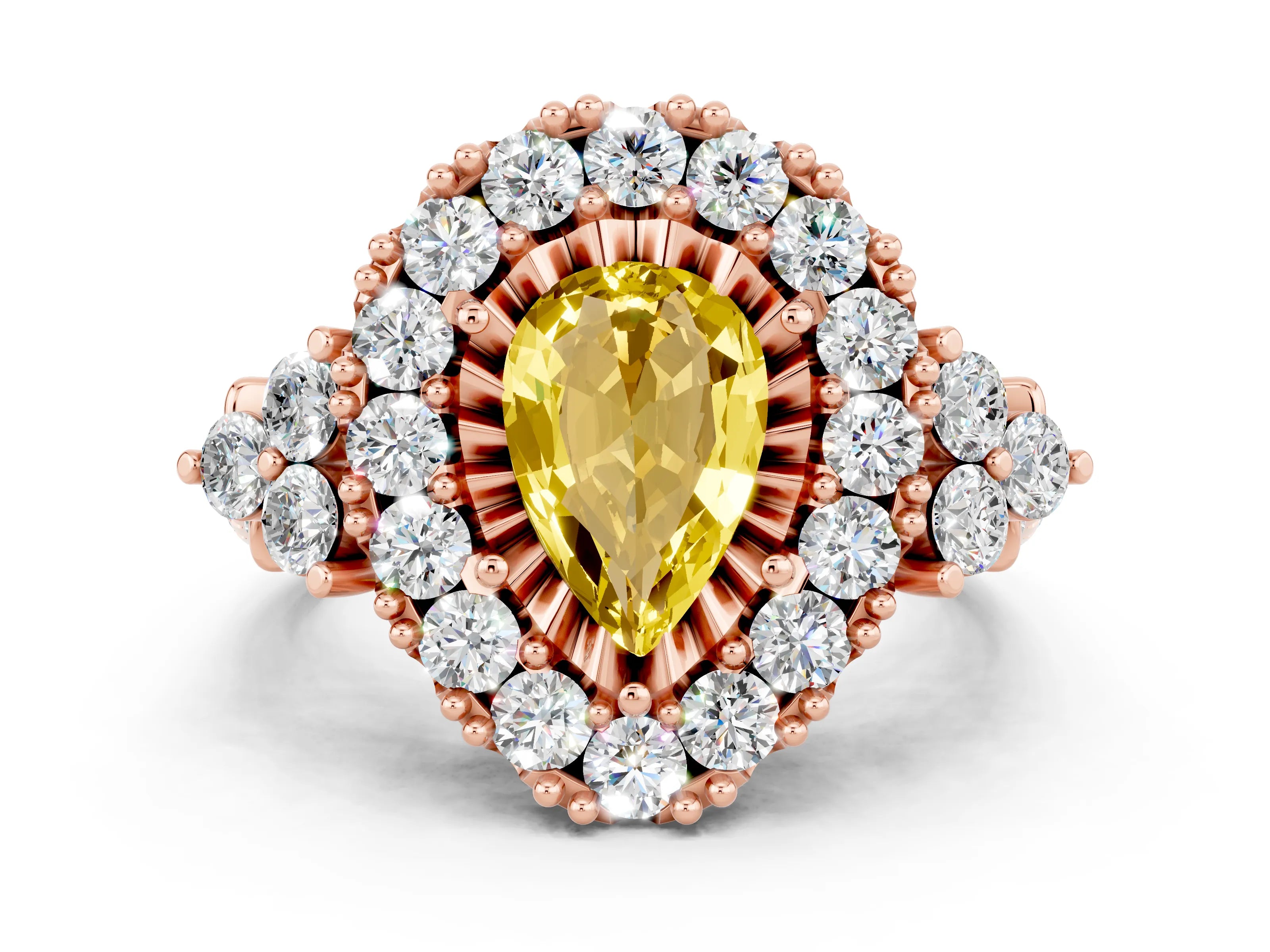 Rose gold Pear Cut Yellow Sapphire Halo Ring with Pavé Band and Four-Prong Setting_12