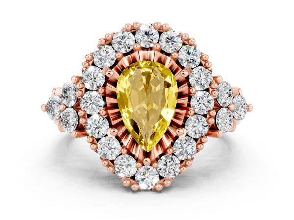 Rose gold Pear Cut Yellow Sapphire Halo Ring with Pavé Band and Four-Prong Setting