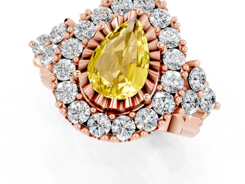 Rose gold Pear Cut Yellow Sapphire Halo Ring with Pavé Band and Four-Prong Setting_13