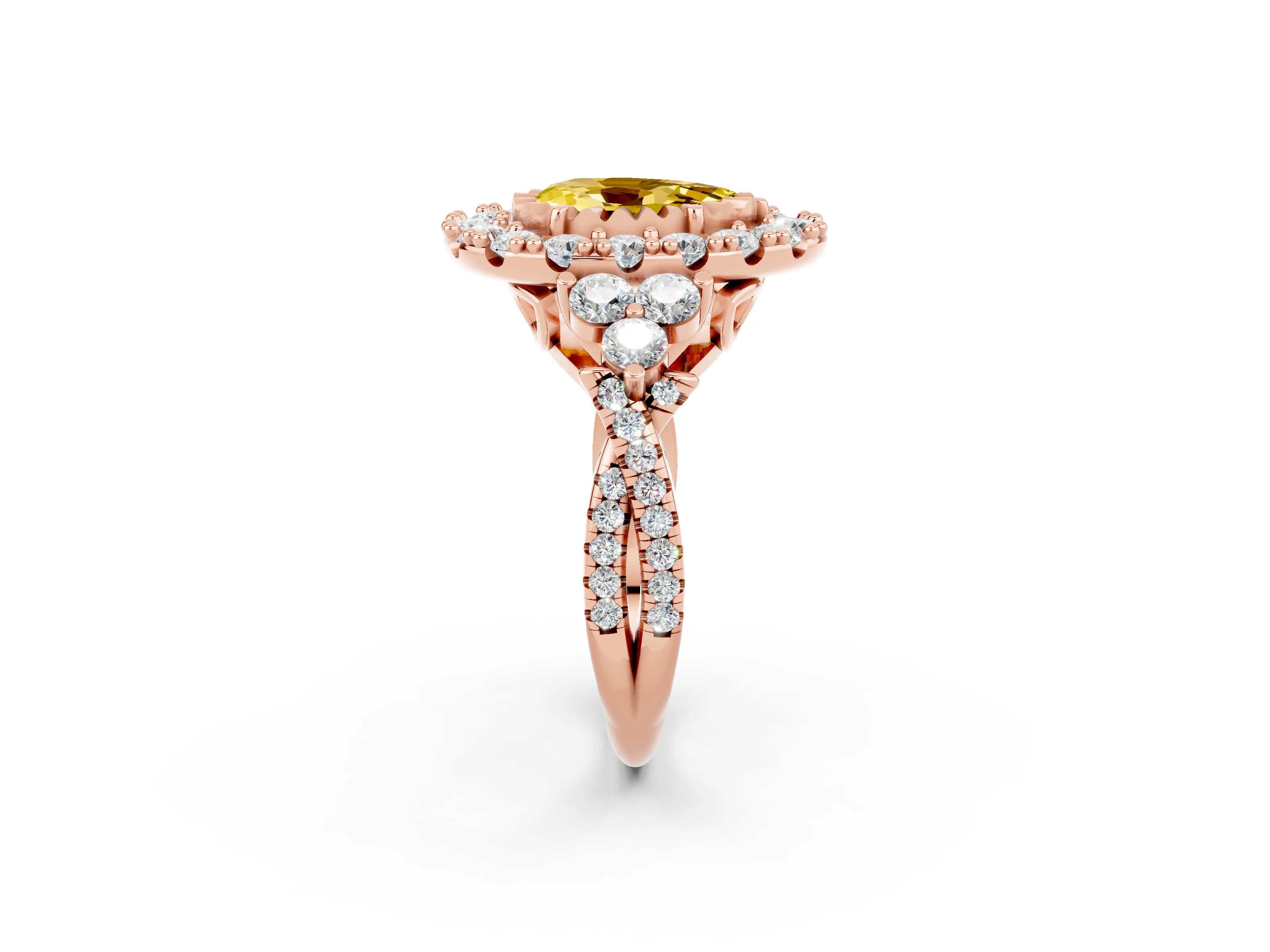 Rose gold Pear Cut Yellow Sapphire Halo Ring with Pavé Band and Four-Prong Setting_14