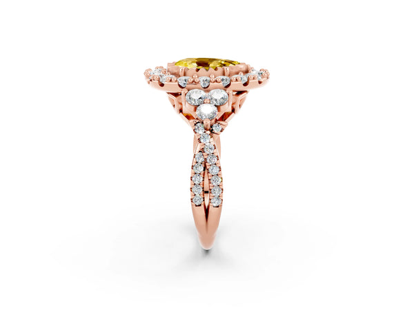 Rose gold Pear Cut Yellow Sapphire Halo Ring with Pavé Band and Four-Prong Setting