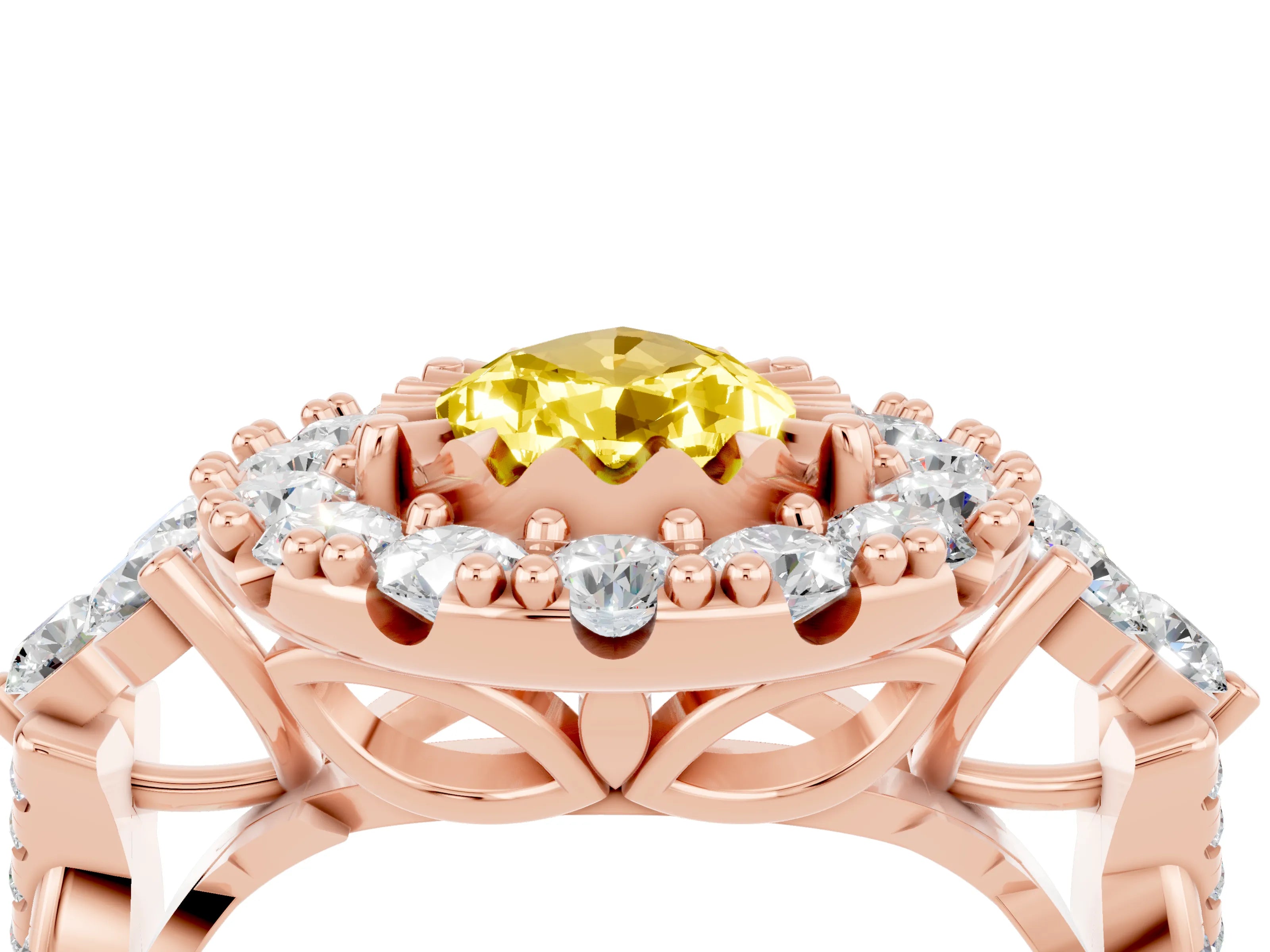 Rose gold Pear Cut Yellow Sapphire Halo Ring with Pavé Band and Four-Prong Setting_16