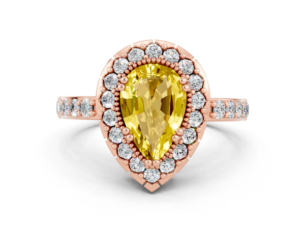 Rose gold Pear Cut Yellow Sapphire Halo Ring with Pavé Band and Prong Setting