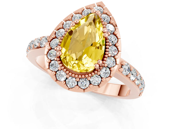 Rose gold Pear Cut Yellow Sapphire Halo Ring with Pavé Band and Prong Setting