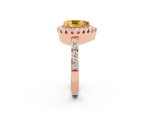 Rose gold Pear Cut Yellow Sapphire Halo Ring with Pavé Band and Prong Setting