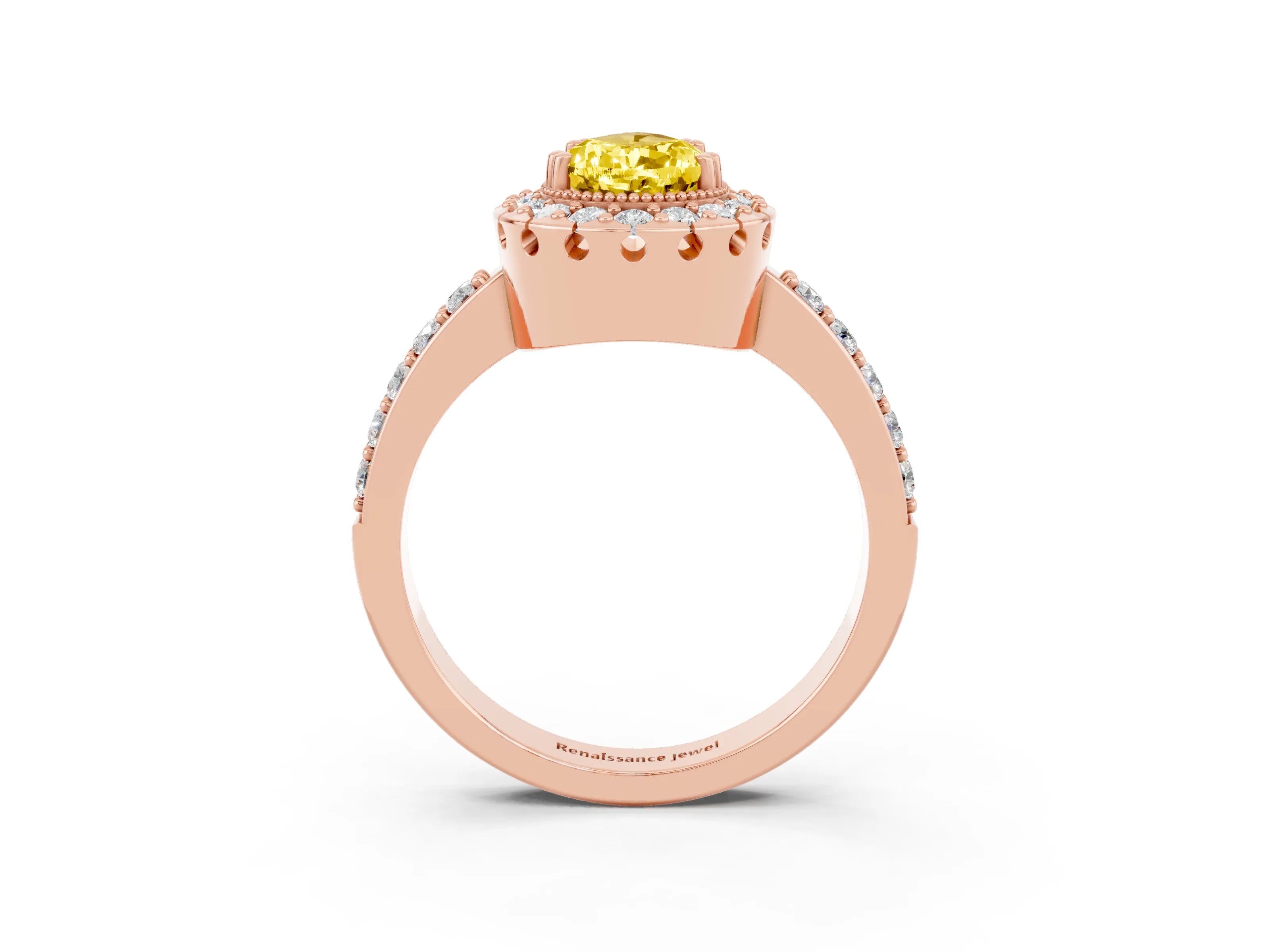Rose gold Pear Cut Yellow Sapphire Halo Ring with Pavé Band and Prong Setting_3