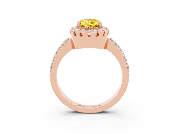 Rose gold Pear Cut Yellow Sapphire Halo Ring with Pavé Band and Prong Setting