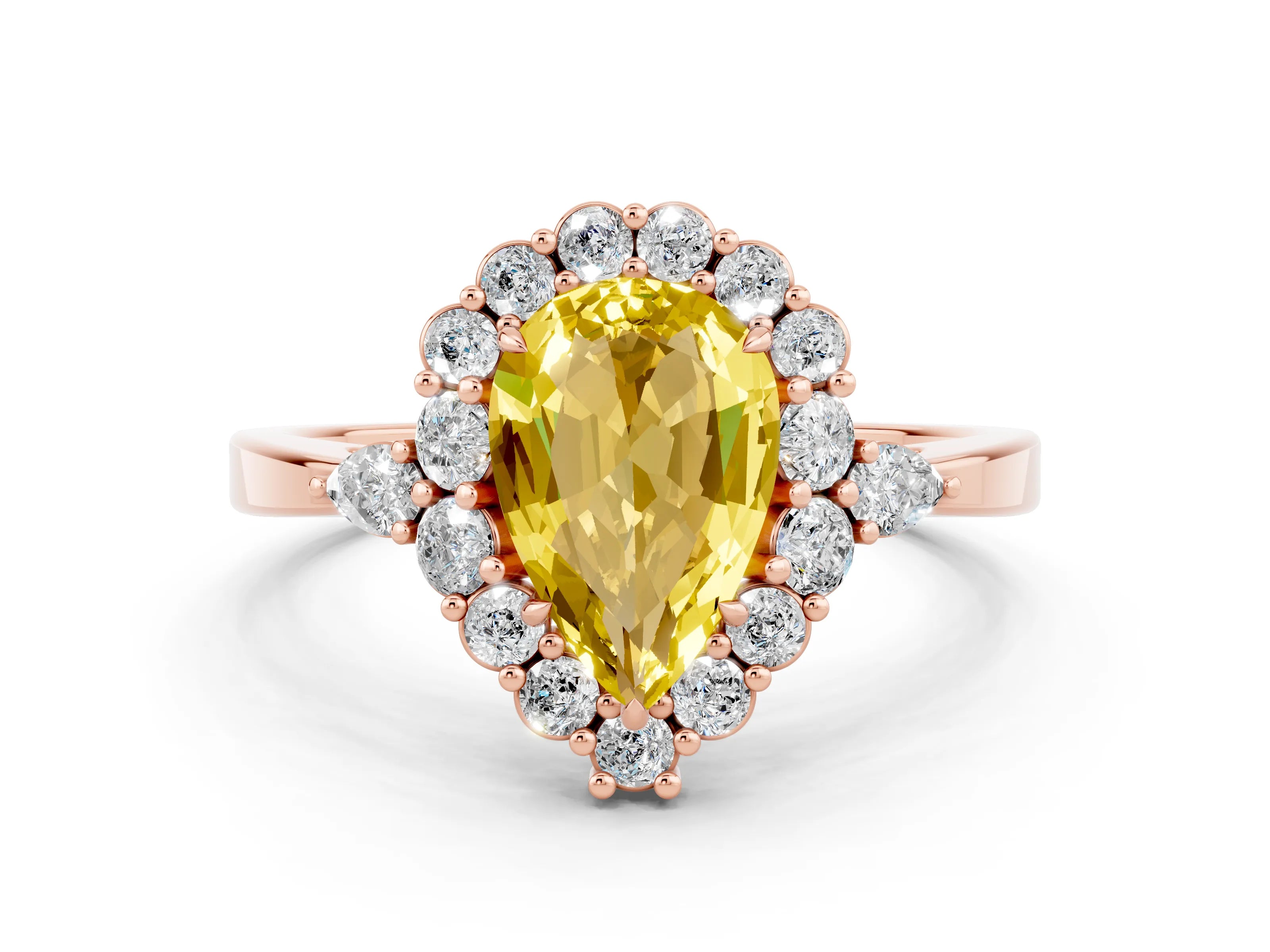 Rose gold Pear Cut Yellow Sapphire Halo Ring with Pear Side Stones and Prong Setting_12