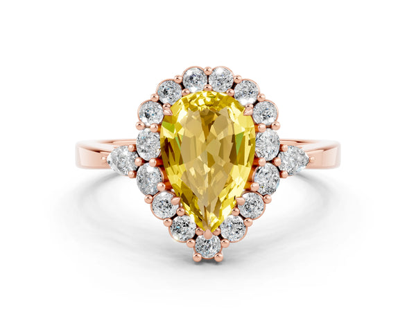 Rose gold Pear Cut Yellow Sapphire Halo Ring with Pear Side Stones and Prong Setting