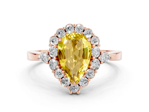 Rose gold Pear Cut Yellow Sapphire Halo Ring with Pear Side Stones and Prong Setting_12