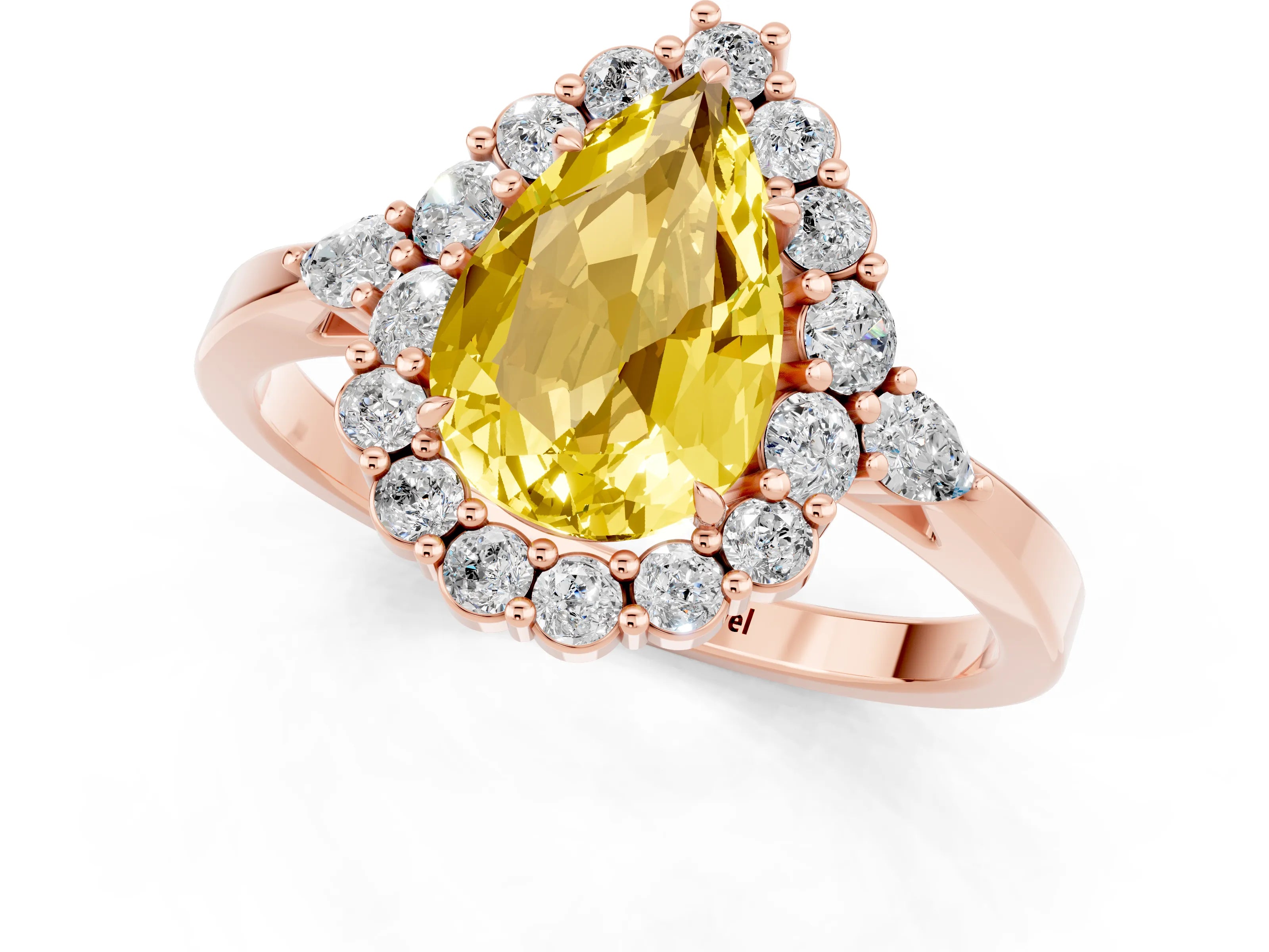 Rose gold Pear Cut Yellow Sapphire Halo Ring with Pear Side Stones and Prong Setting_13