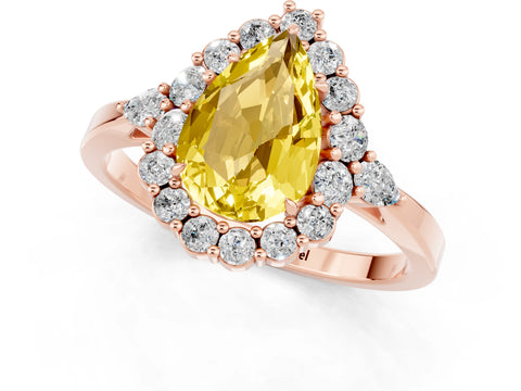 Rose gold Pear Cut Yellow Sapphire Halo Ring with Pear Side Stones and Prong Setting_13