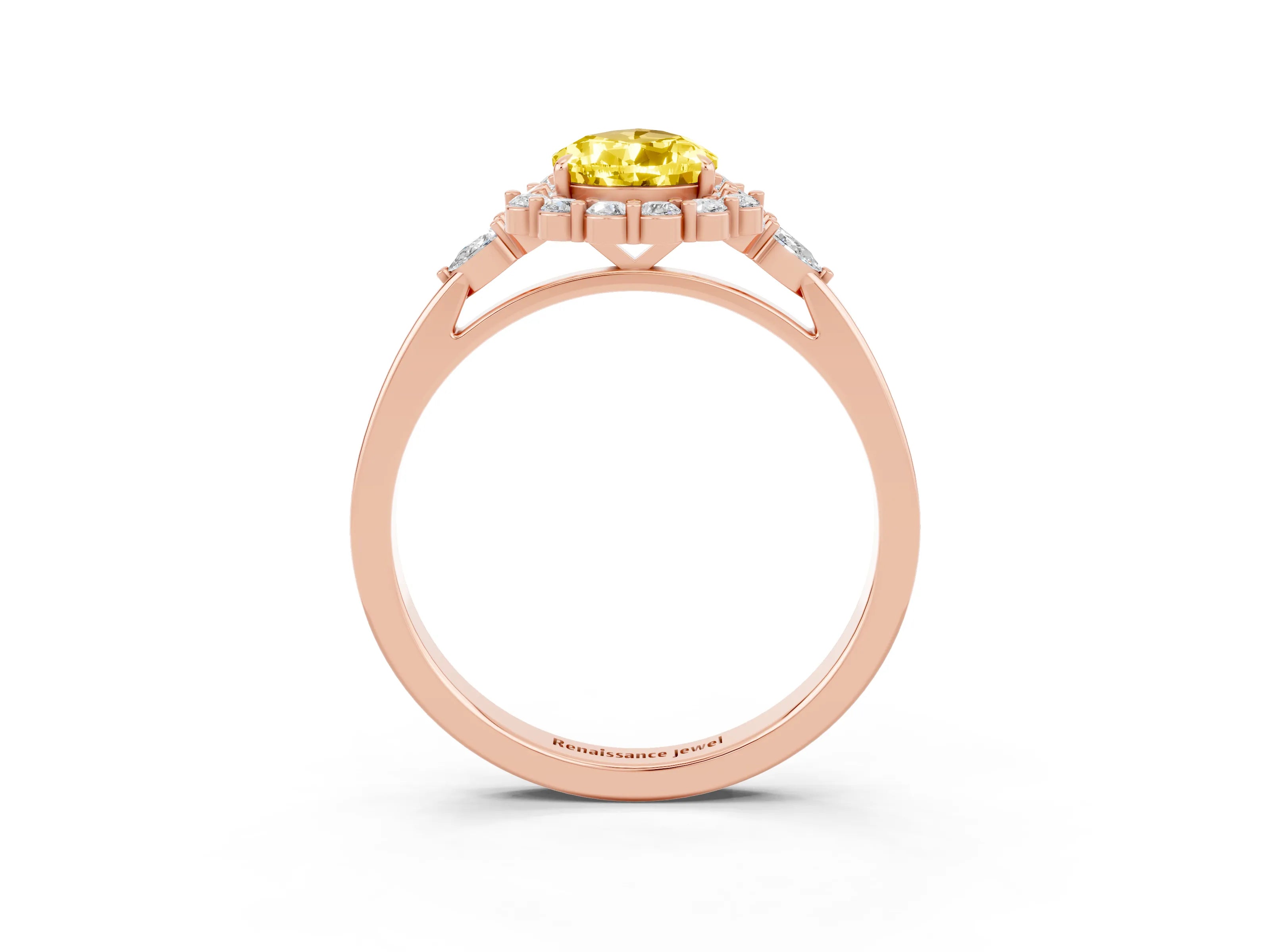 Rose gold Pear Cut Yellow Sapphire Halo Ring with Pear Side Stones and Prong Setting_15