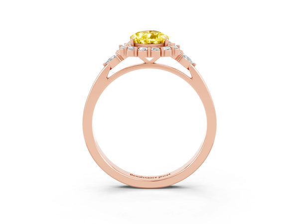 Rose gold Pear Cut Yellow Sapphire Halo Ring with Pear Side Stones and Prong Setting