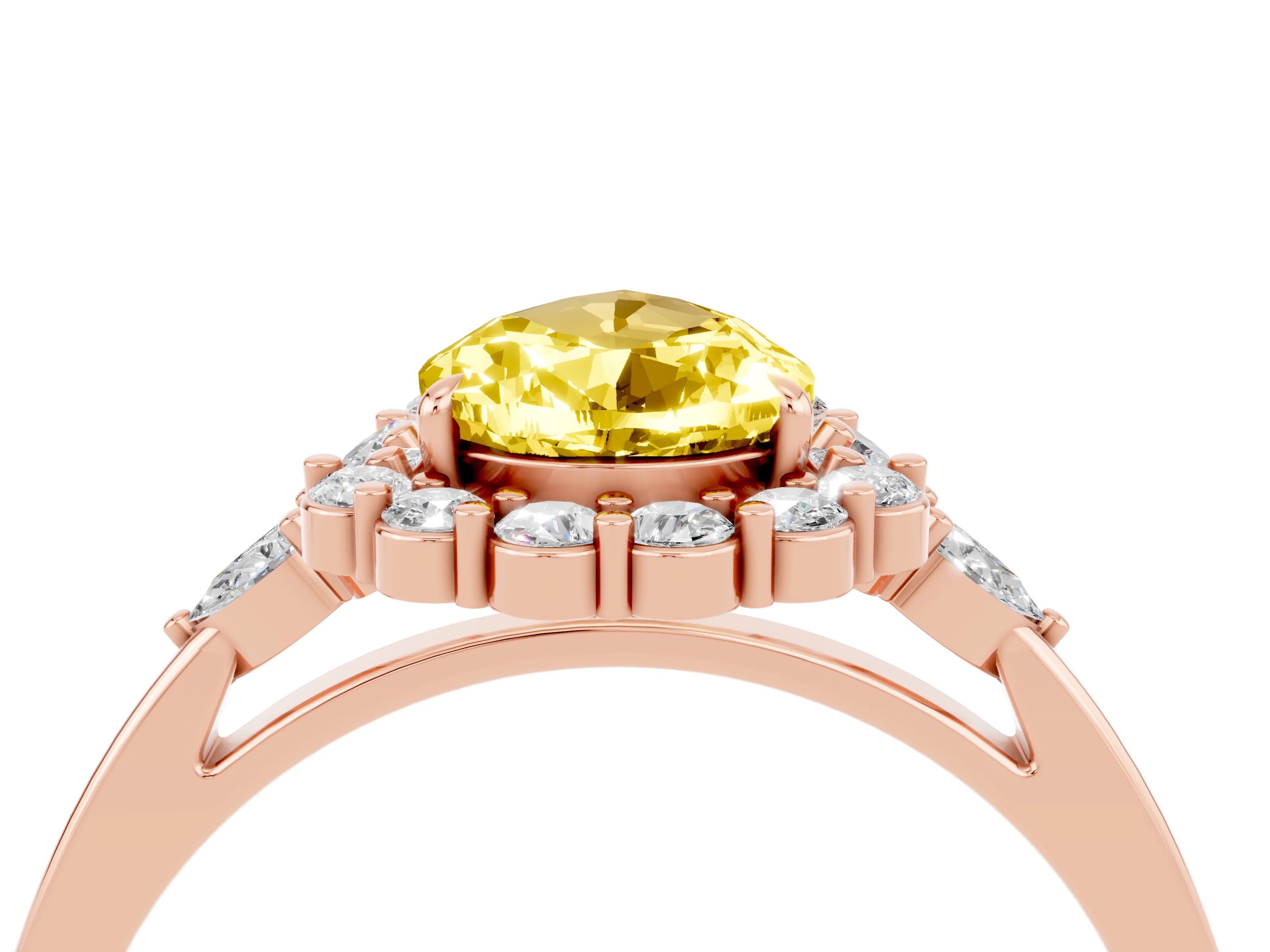 Rose gold Pear Cut Yellow Sapphire Halo Ring with Pear Side Stones and Prong Setting_16