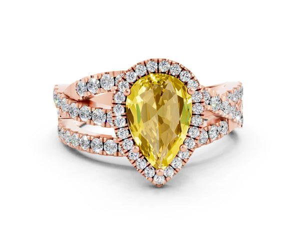 Rose gold Pear Cut Yellow Sapphire Halo Ring with Round Split Shank and Prong Setting