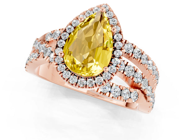 Rose gold Pear Cut Yellow Sapphire Halo Ring with Round Split Shank and Prong Setting
