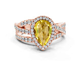 Rose gold Pear Cut Yellow Sapphire Halo Ring with Round Split Shank and Prong Setting_60
