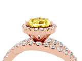 Rose gold Pear Cut Yellow Sapphire Halo Ring with Round Split Shank and Prong Setting_64