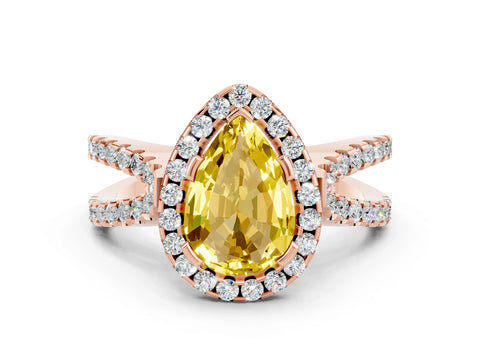 Rose gold Pear Cut Yellow Sapphire Halo Ring with Split Shank Pavé Band and Prong Setting_12