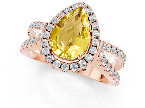 Rose gold Pear Cut Yellow Sapphire Halo Ring with Split Shank Pavé Band and Prong Setting_13