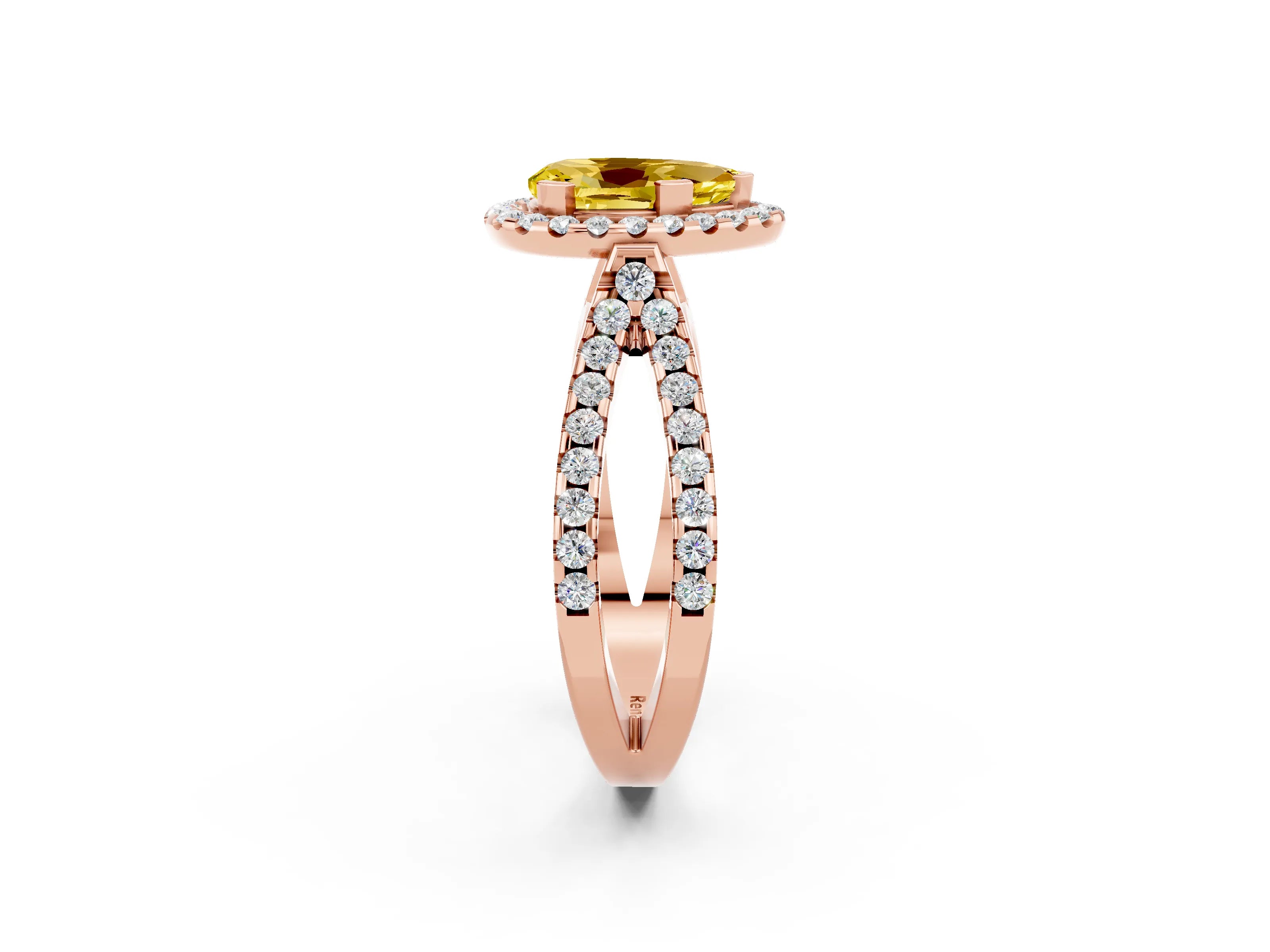 Rose gold Pear Cut Yellow Sapphire Halo Ring with Split Shank Pavé Band and Prong Setting_14