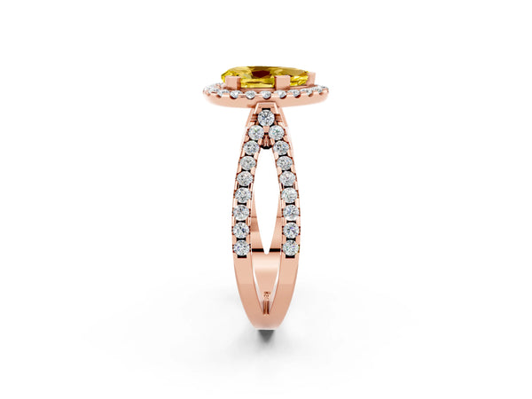 Rose gold Pear Cut Yellow Sapphire Halo Ring with Split Shank Pavé Band and Prong Setting