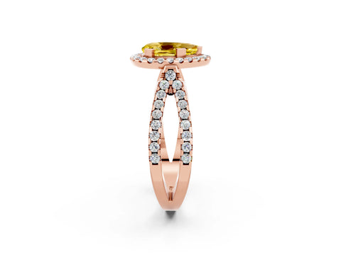 Rose gold Pear Cut Yellow Sapphire Halo Ring with Split Shank Pavé Band and Prong Setting_14