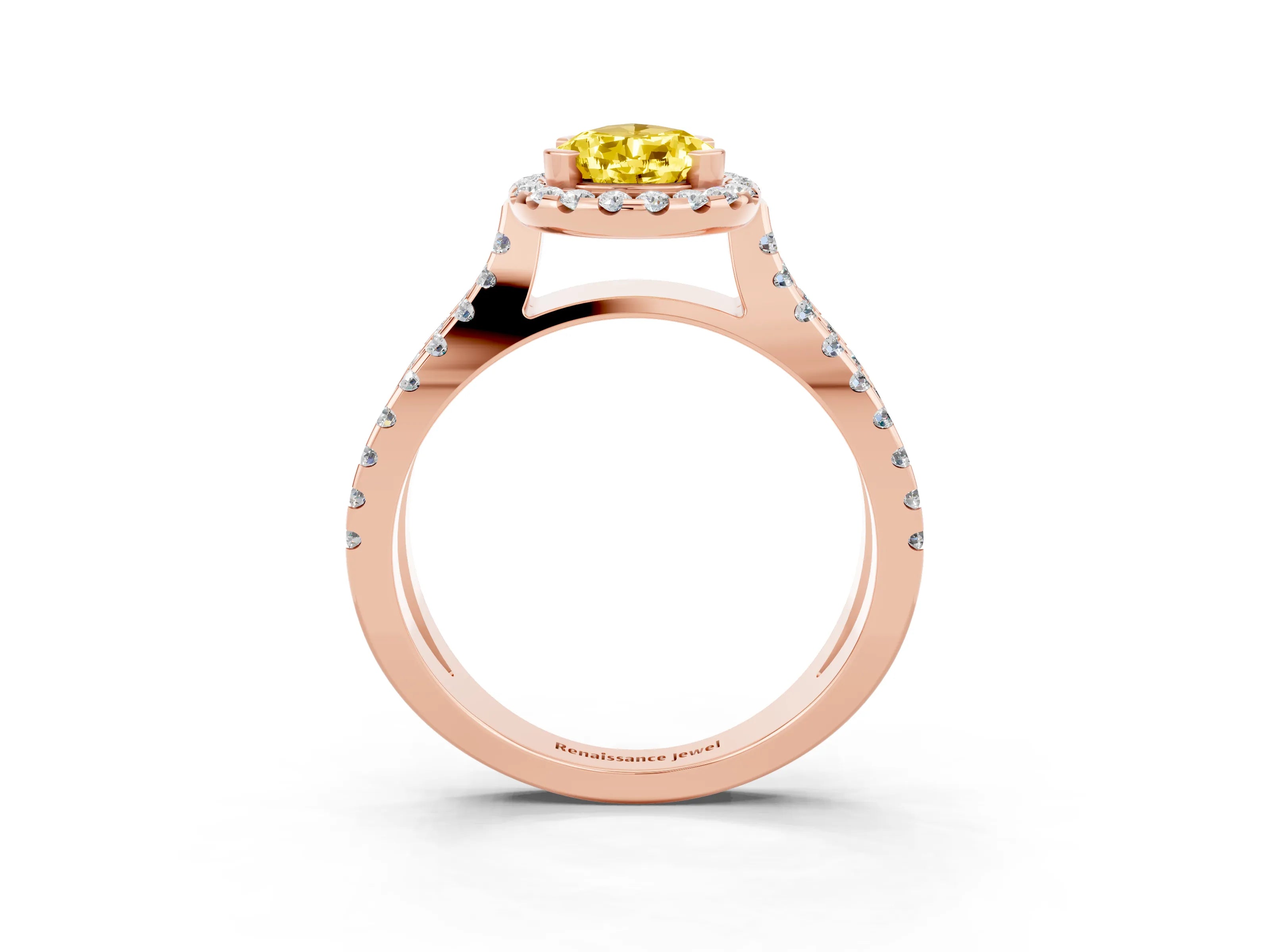 Rose gold Pear Cut Yellow Sapphire Halo Ring with Split Shank Pavé Band and Prong Setting_15