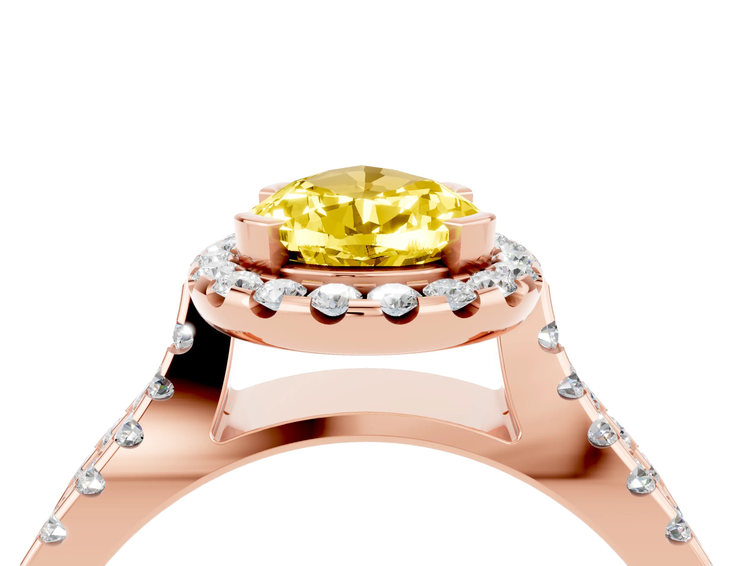 Rose gold Pear Cut Yellow Sapphire Halo Ring with Split Shank Pavé Band and Prong Setting_16