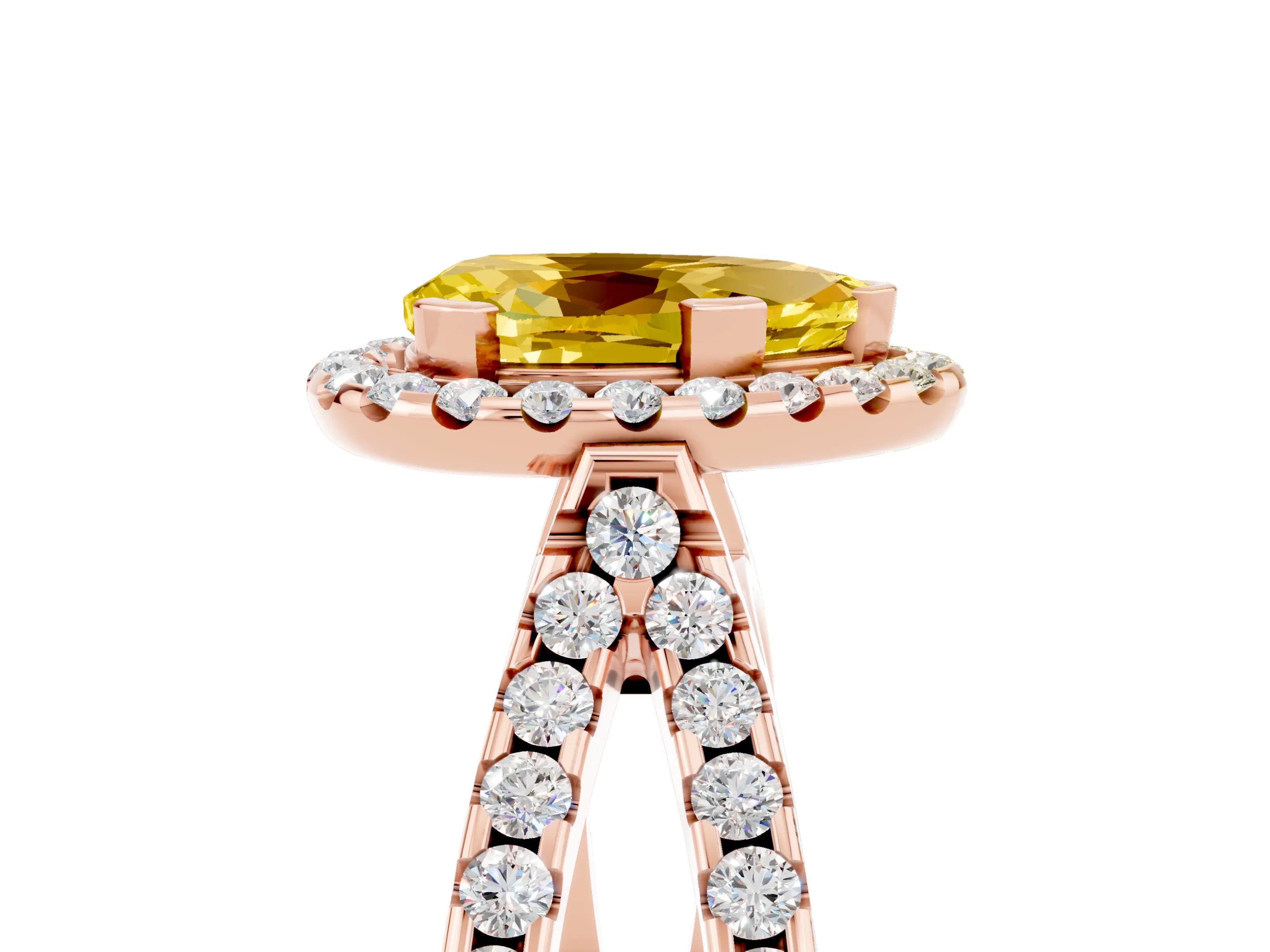 Rose gold Pear Cut Yellow Sapphire Halo Ring with Split Shank Pavé Band and Prong Setting_17