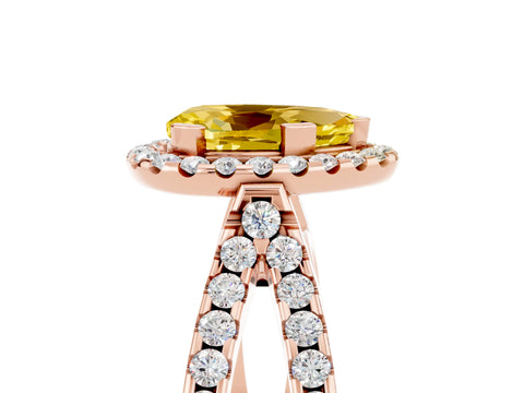 Rose gold Pear Cut Yellow Sapphire Halo Ring with Split Shank Pavé Band and Prong Setting_17