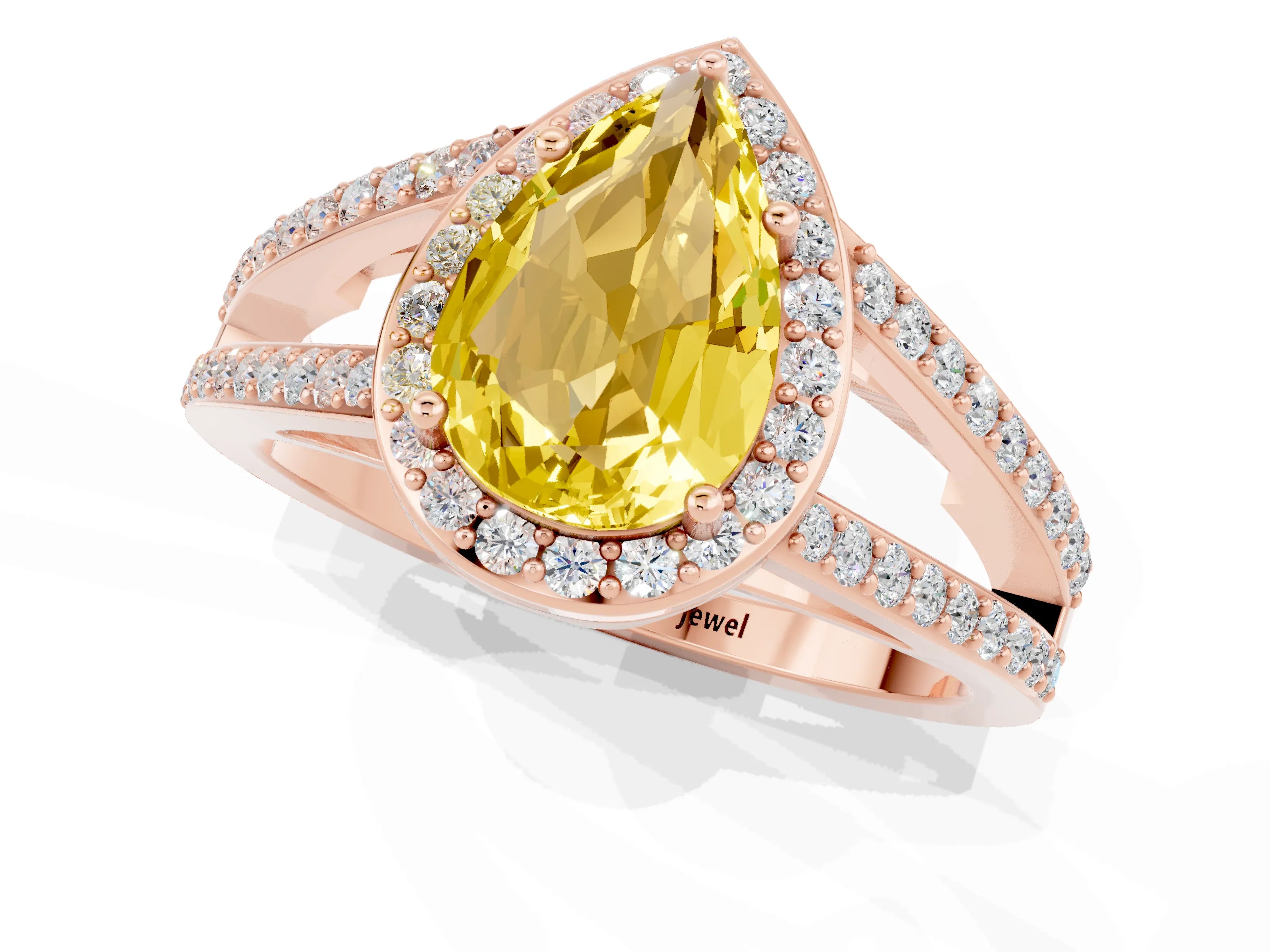 Rose gold Pear Cut Yellow Sapphire Halo Ring with Split Shank U-Prong Band and Four-Prong Setting_1