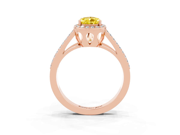 Rose gold Pear Cut Yellow Sapphire Halo Ring with Split Shank U-Prong Band and Four-Prong Setting
