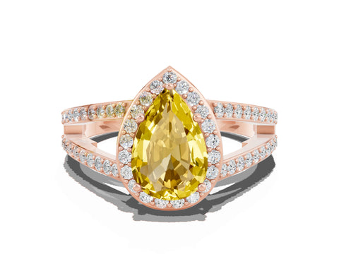 Rose gold Pear Cut Yellow Sapphire Halo Ring with Split Shank U-Prong Band and Four-Prong Setting