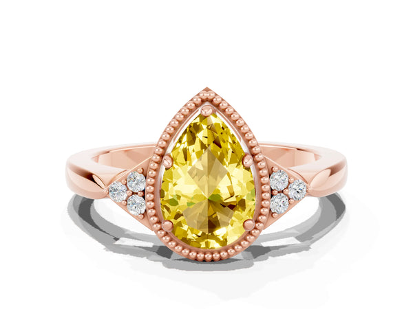 Rose gold Pear Cut Yellow Sapphire Halo Ring with Tapered Band and Four-Prong Setting