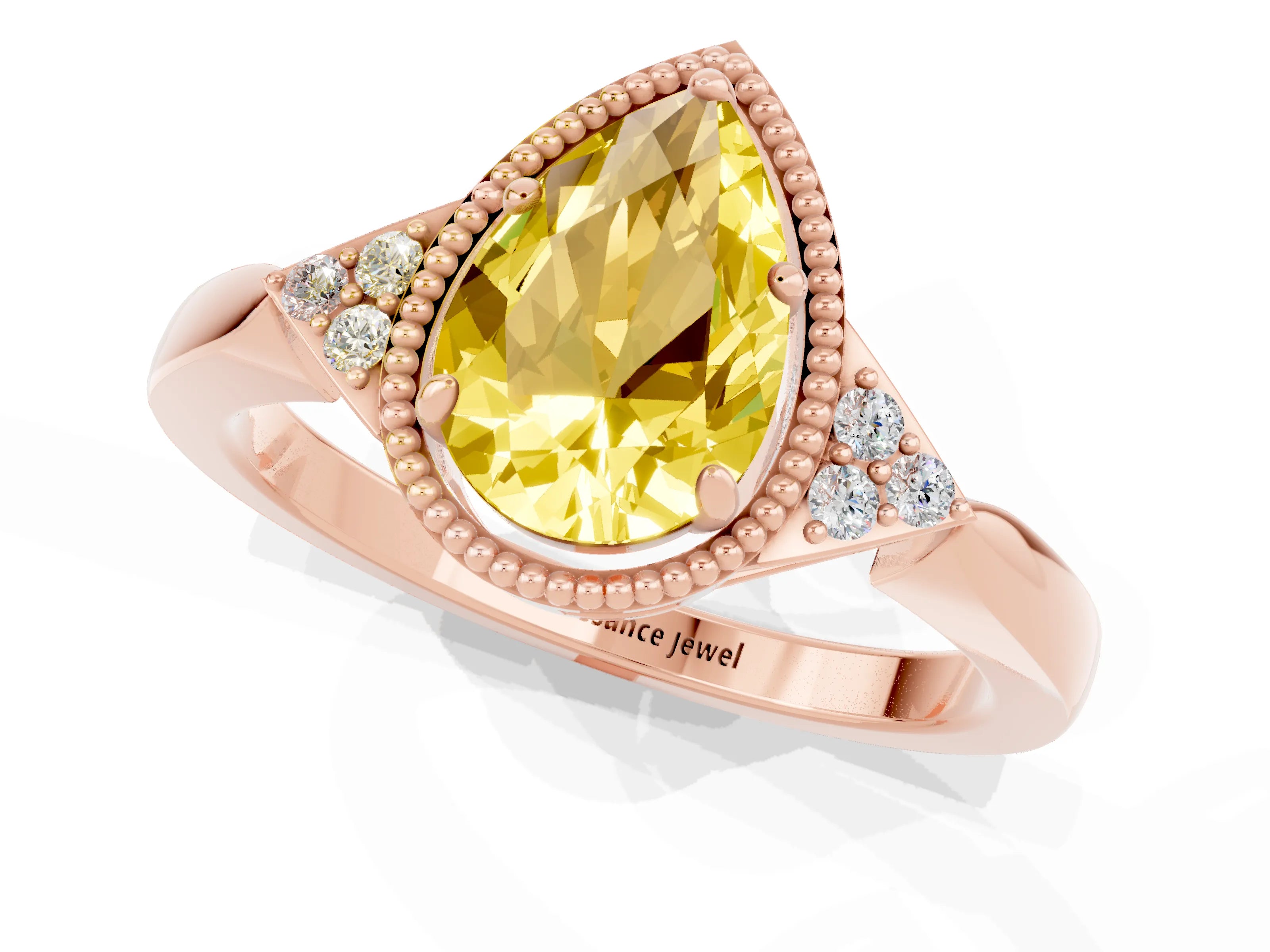 Rose gold Pear Cut Yellow Sapphire Halo Ring with Tapered Band and Four-Prong Setting_1