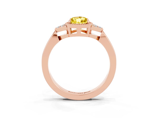 Rose gold Pear Cut Yellow Sapphire Halo Ring with Tapered Band and Four-Prong Setting