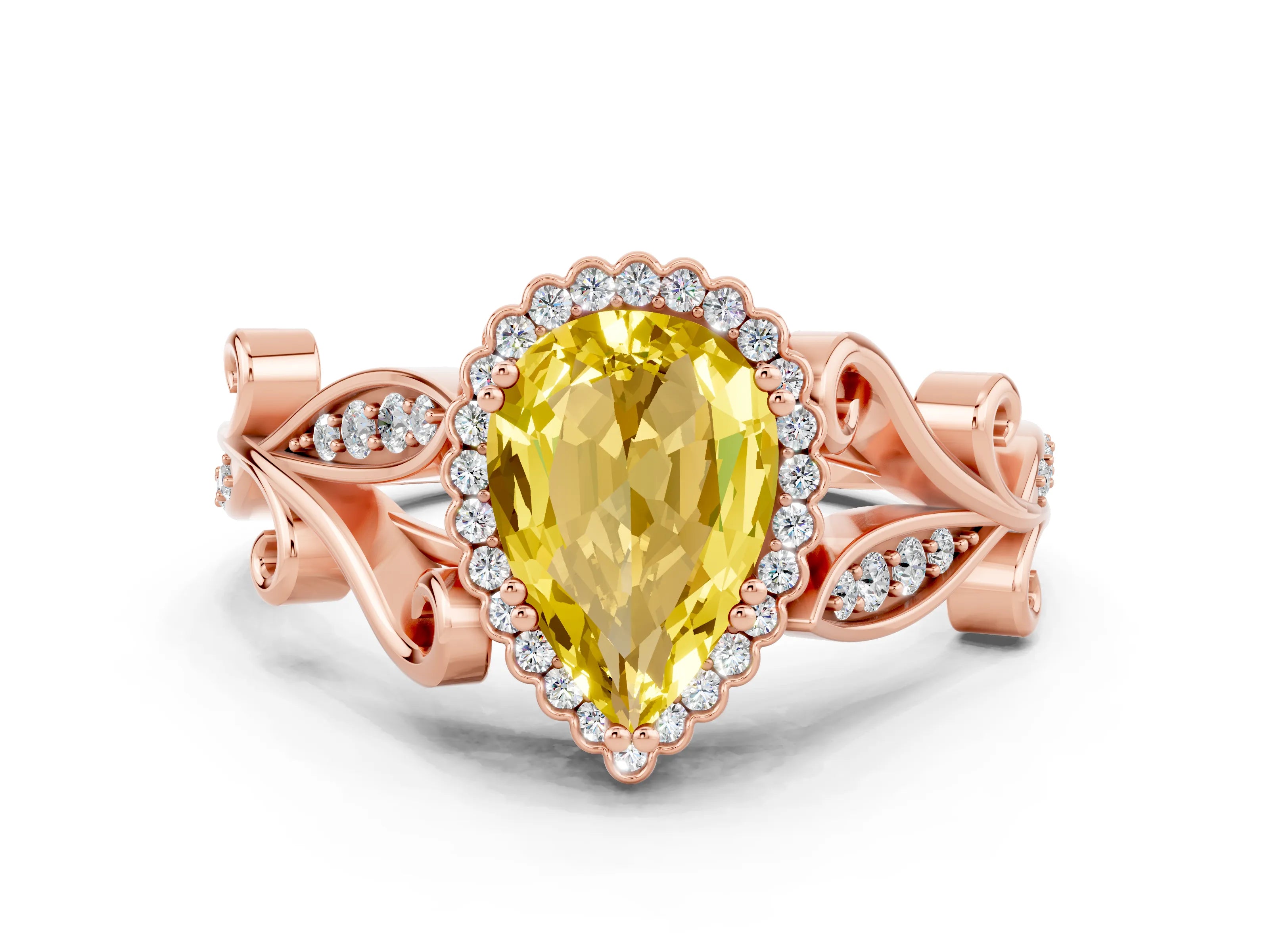 Rose gold Pear Cut Yellow Sapphire Halo Ring with Vintage Split Shank and Four-Prong Setting