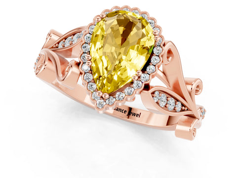 Rose gold Pear Cut Yellow Sapphire Halo Ring with Vintage Split Shank and Four-Prong Setting_1