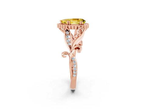 Rose gold Pear Cut Yellow Sapphire Halo Ring with Vintage Split Shank and Four-Prong Setting_2