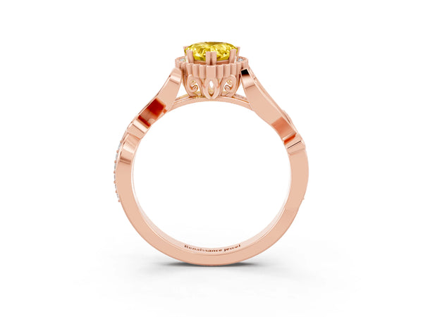 Rose gold Pear Cut Yellow Sapphire Halo Ring with Vintage Split Shank and Four-Prong Setting