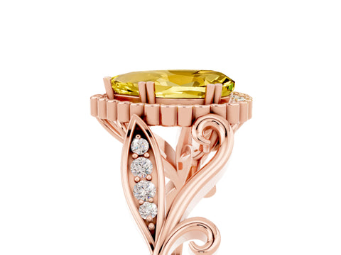 Rose gold Pear Cut Yellow Sapphire Halo Ring with Vintage Split Shank and Four-Prong Setting_5