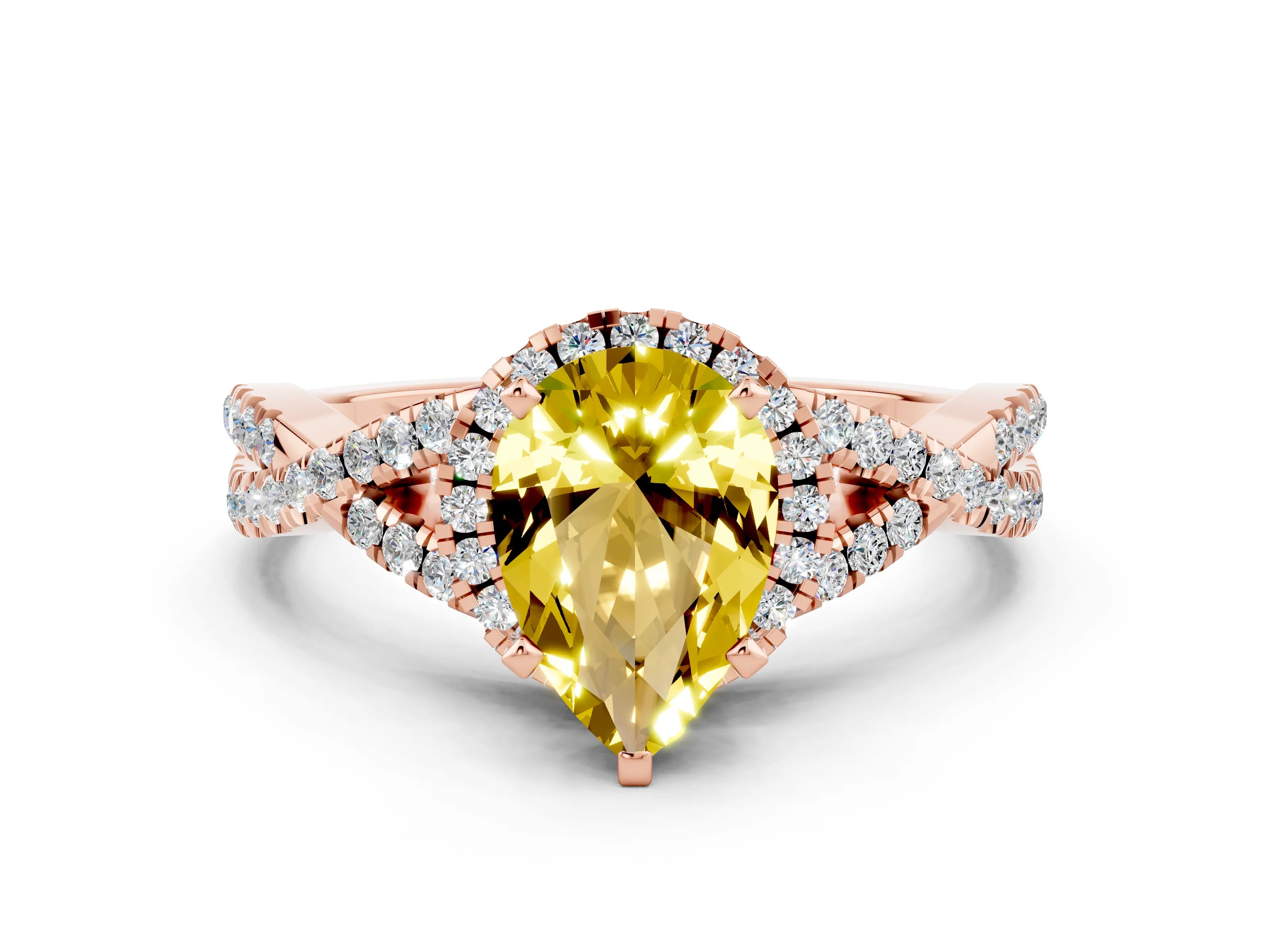 Rose gold Pear Cut Yellow Sapphire Halo Twist Band Solitaire Prong Setting Ring_24